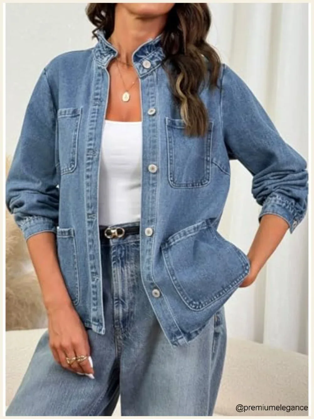Button Down Ruffle Casual Oversized Cropped Jean Jacket with Pockets